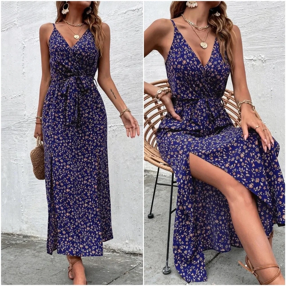 Boho Floral Split Hem Cami Maxi Dress - Picture 5 of 10